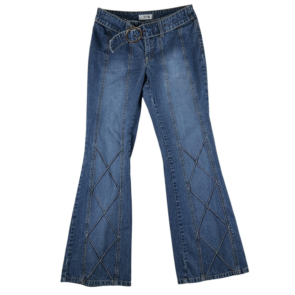 Vintage Jordache Jeans Womens 9/10 Low Rise Flare Belted Geometric Y2K No Pocket